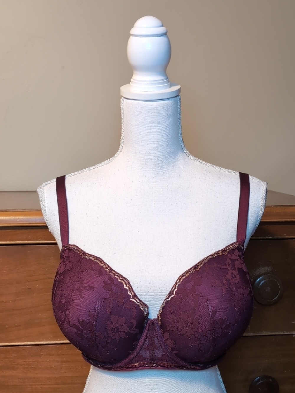 Dream Angels Plum Burgundy Gold Full Lace Memory Foam Underwire Bra 38DDD